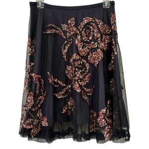 Vintage French Connection Size 12 Black Layered Floral Sequin Tulle Midi Skirt